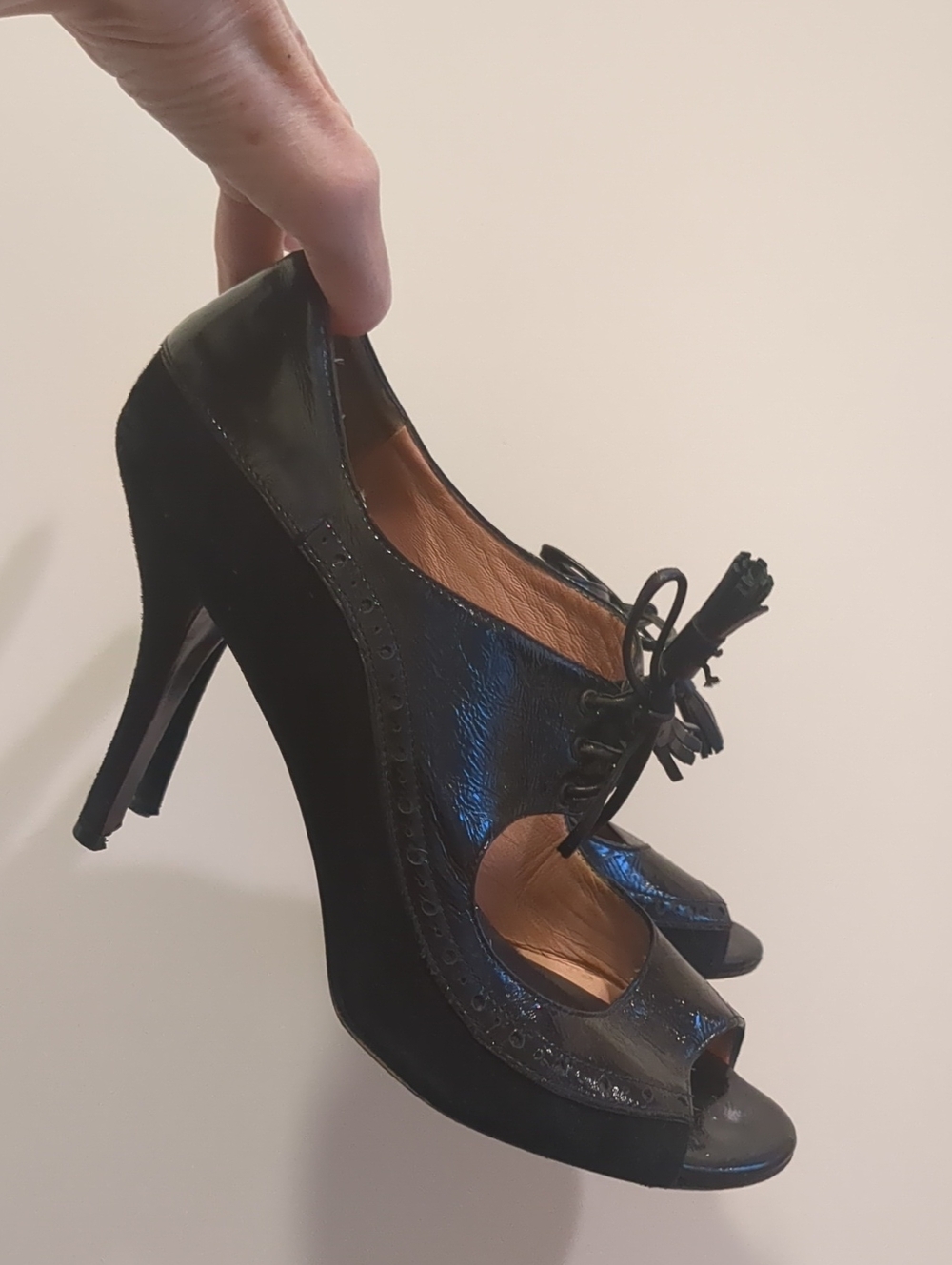 Black Nanette Lepore Peep-Toe Lace-Up High Heels, Leather And Suede
